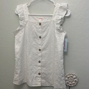Squareneck eyelet ruffle top